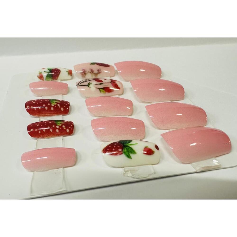Strawberry & Floral Pink & Red XL Size Press On Nail Set!